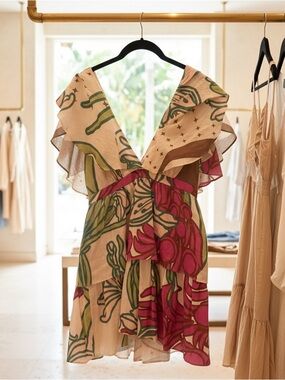 Juan D Dios linen ruffled sleeve V‑Neck Tiered Dress in Beige, Green & Pink NWT